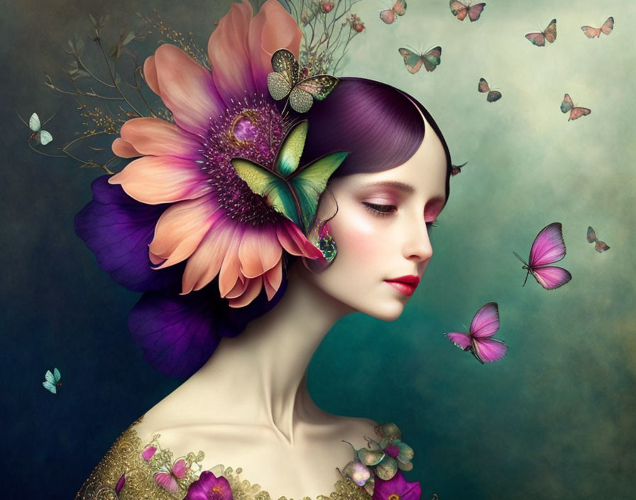 Colorful surreal portrait: woman with flower hair and butterflies in moody setting