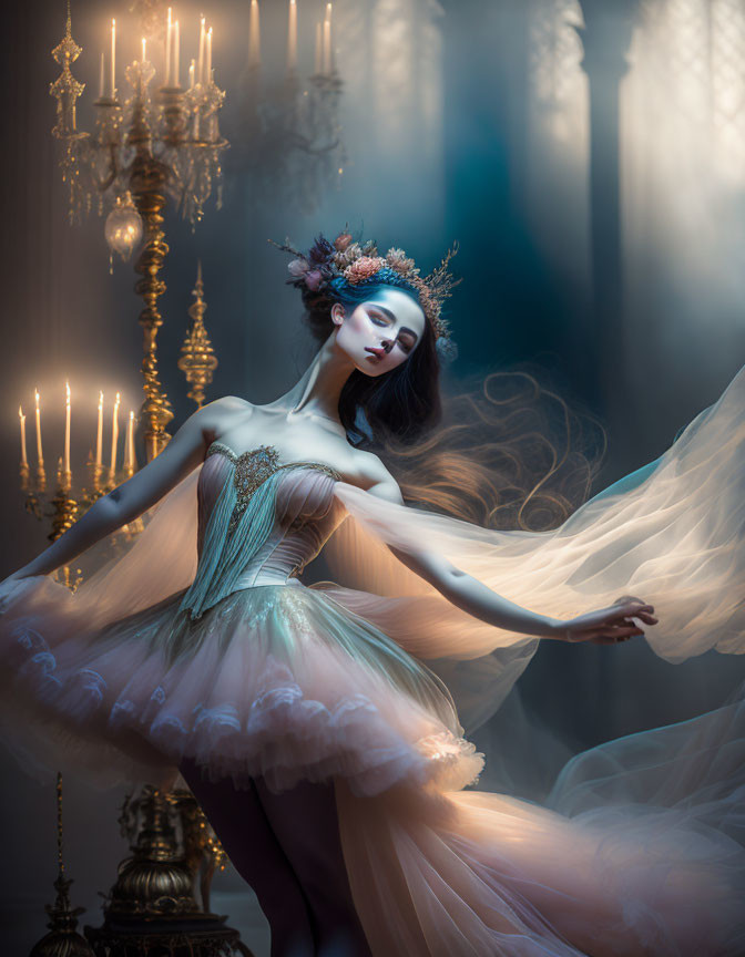 Ethereal ballet dancer in floral headpiece under chandelier light