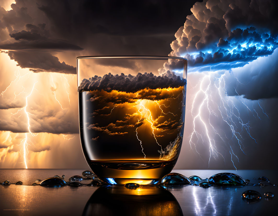 Glass with stormy scene against real thunderstorm backdrop