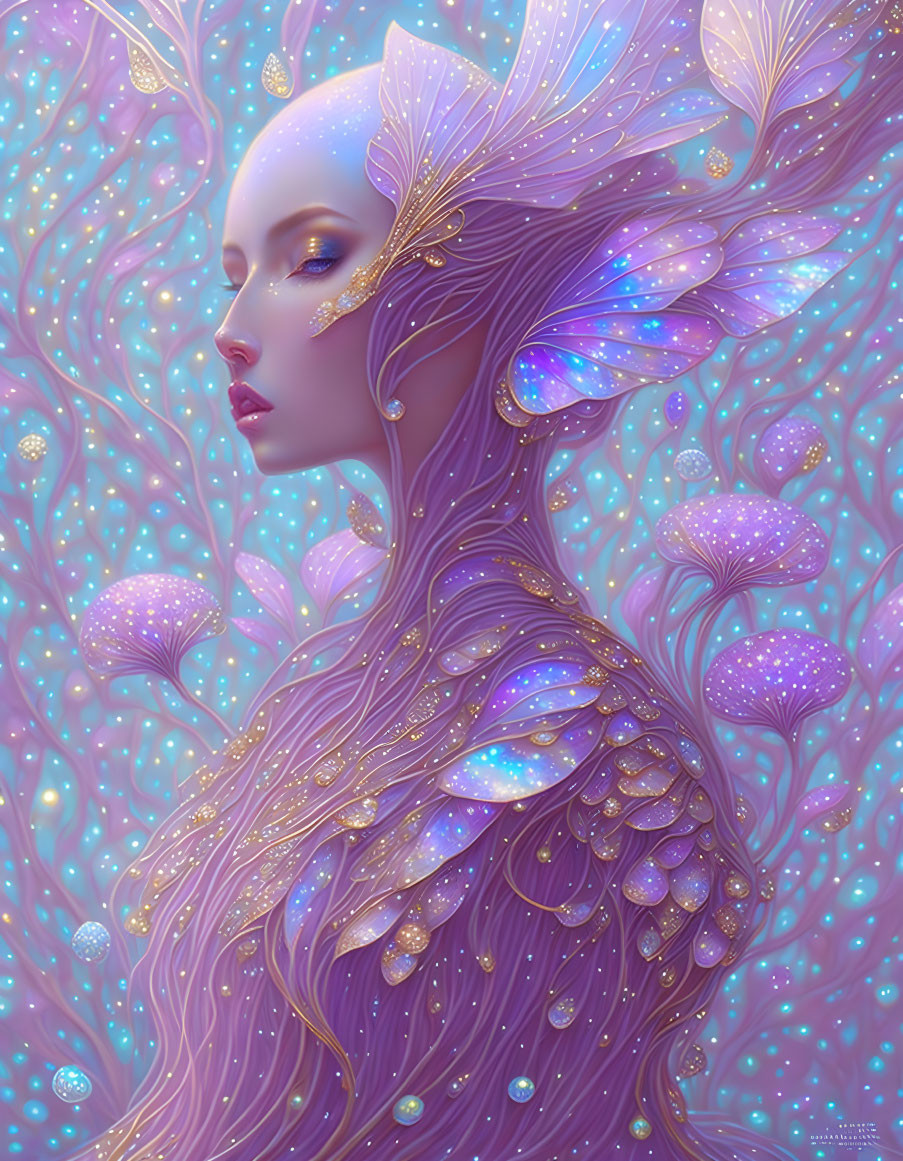 Ethereal being with purple hues and butterfly wings in fantastical flora setting