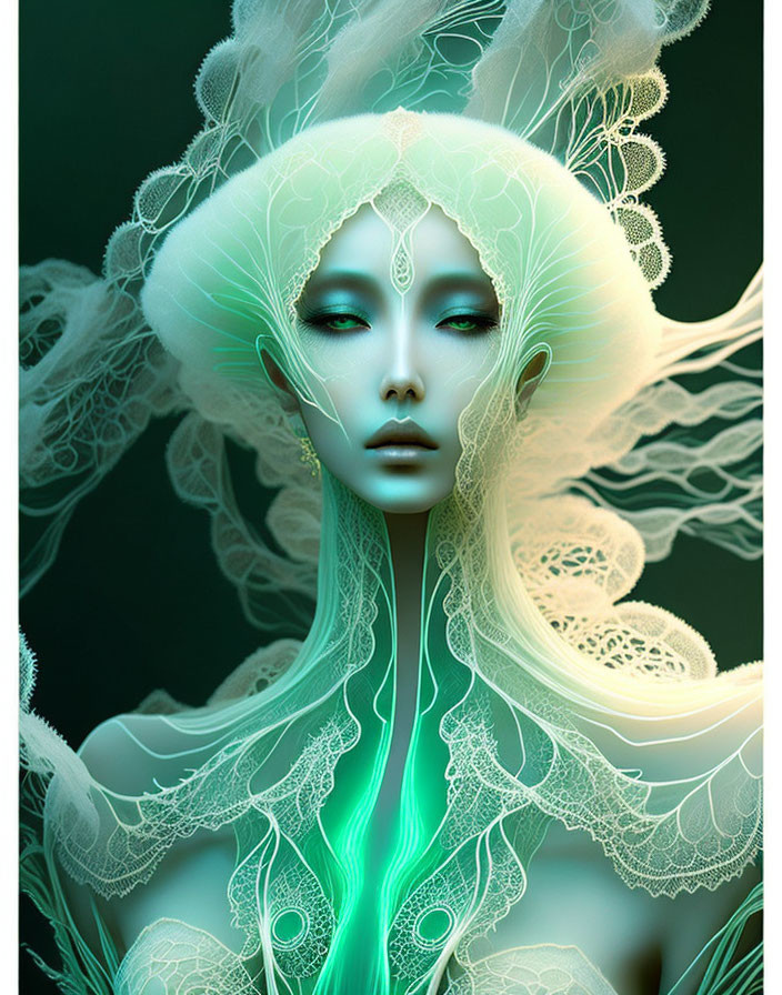 Ethereal female figure with intricate white patterns on dark green backdrop