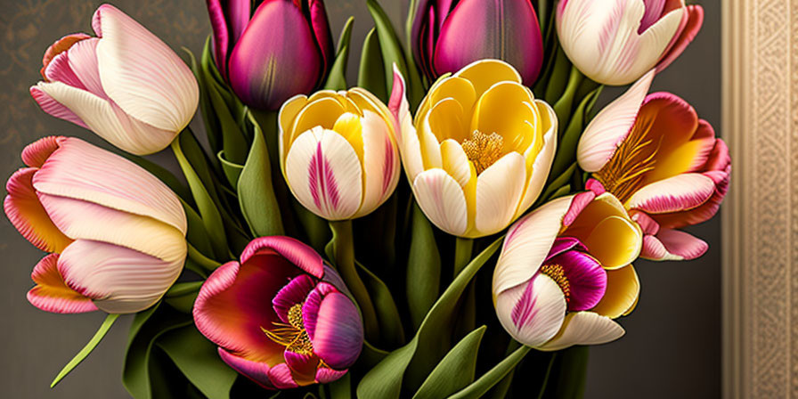 Colorful Tulip Bouquet with Pink, Yellow, and Purple Flowers