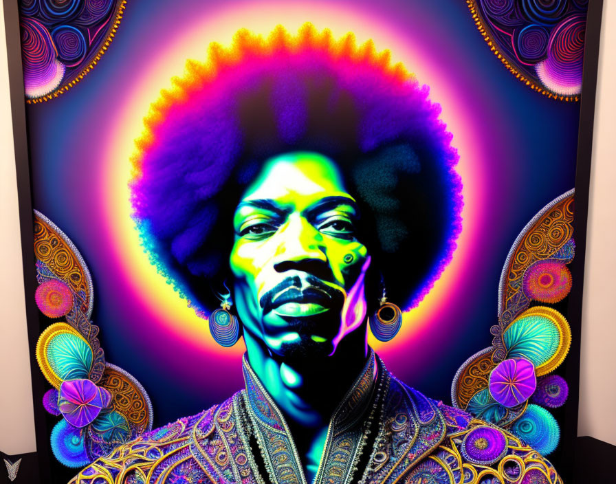 Colorful Psychedelic Artwork: Man with Afro and Intricate Patterns