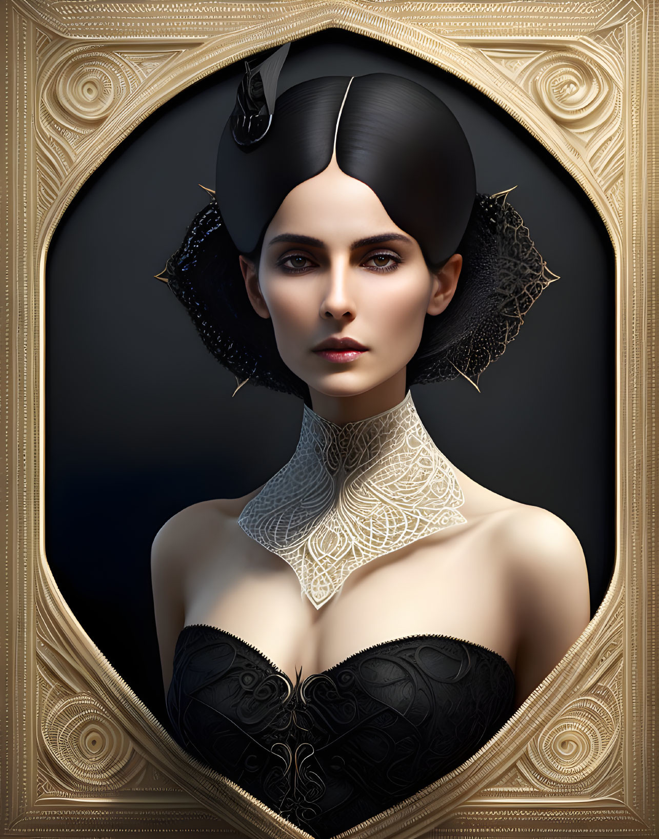 Detailed portrait of woman with black hair, lace collar, and corset in ornate golden frame