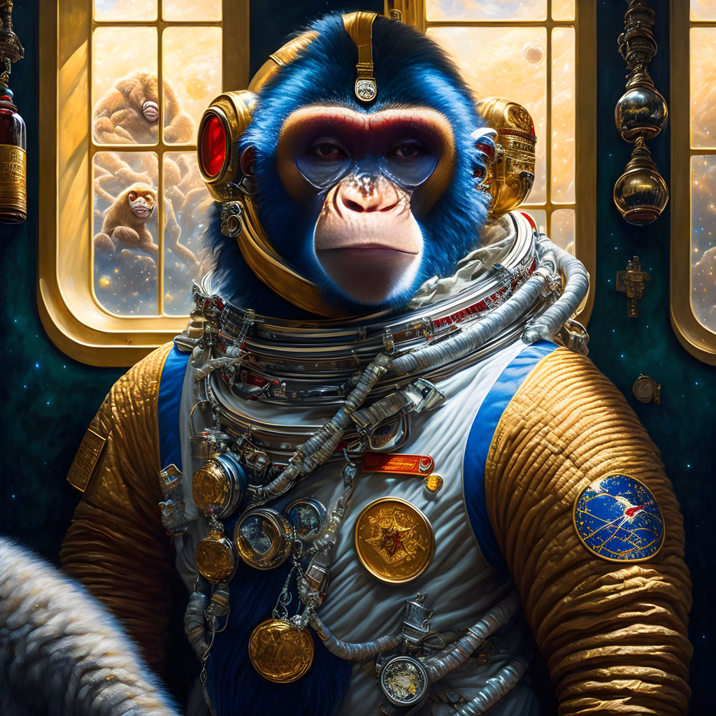 Detailed Hyper-Realistic Mandrill in Vintage Astronaut Suit Illustration