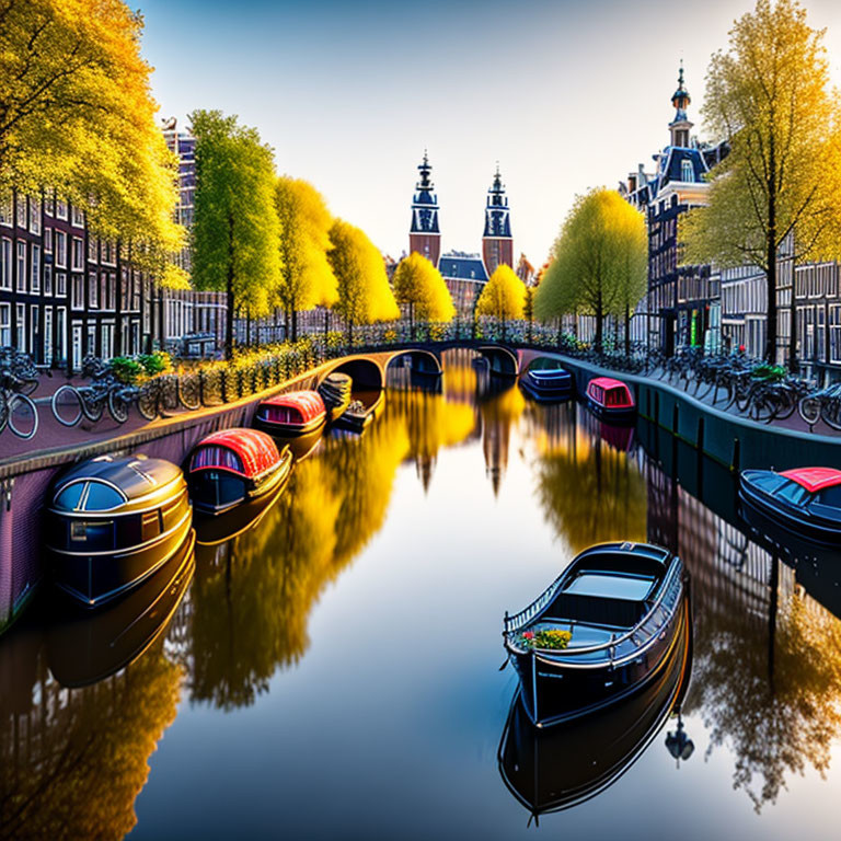 Twilight scene of Amsterdam canal with boats, reflections, and Dutch architecture