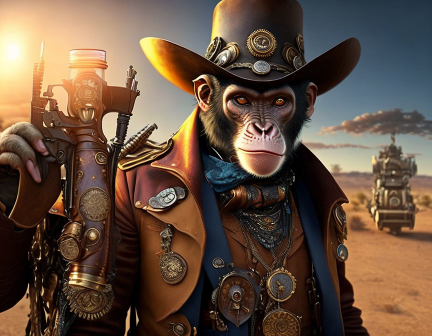 Steampunk cowboy monkey with mechanical arm in desert scene