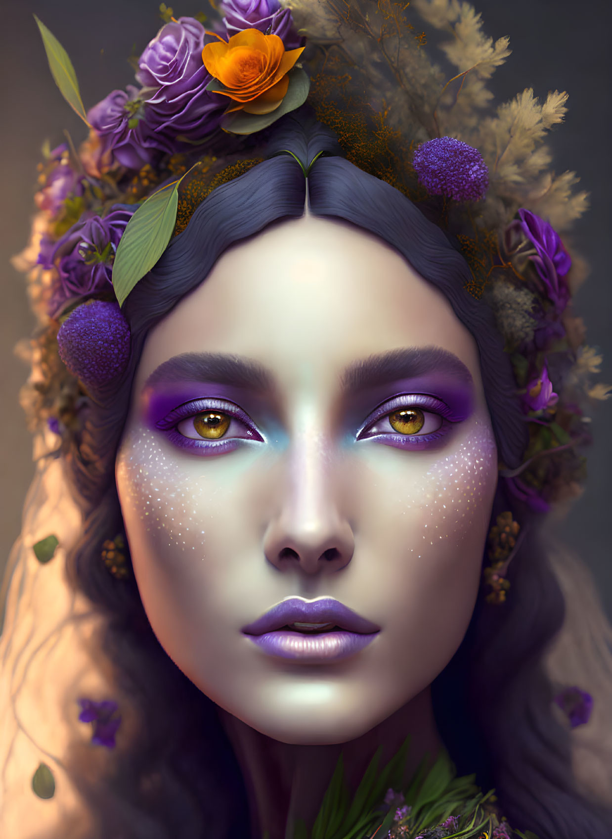 Vibrant purple eyeshadow on female figure with floral crown on gray background