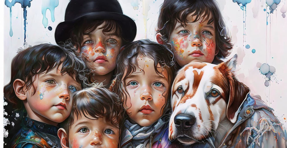 Four children and a dog with colorful paint drips - innocence and creativity blend