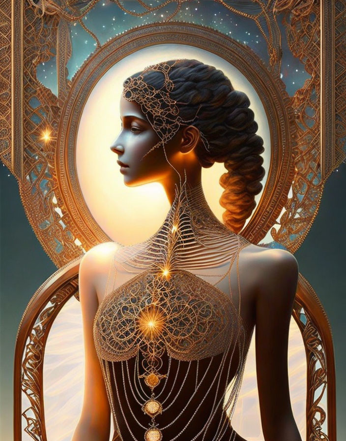 Woman adorned with ornate jewelry in cosmic setting with intricate designs.