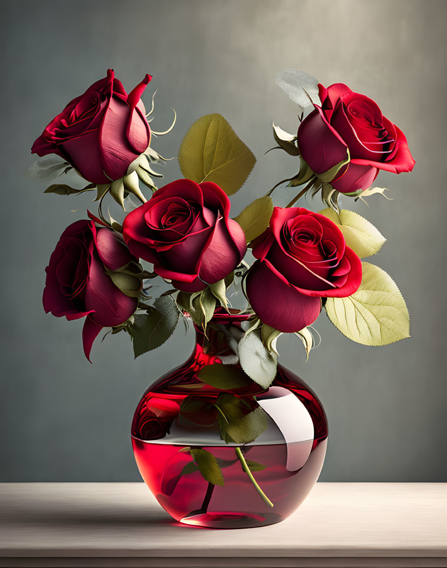 Vibrant red roses in round glass vase on wooden surface