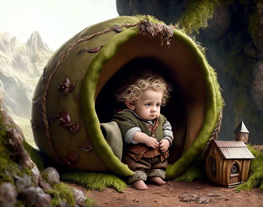 Curly-Haired Toddler in Fantasy Outfit Inside Pea Pod Scene