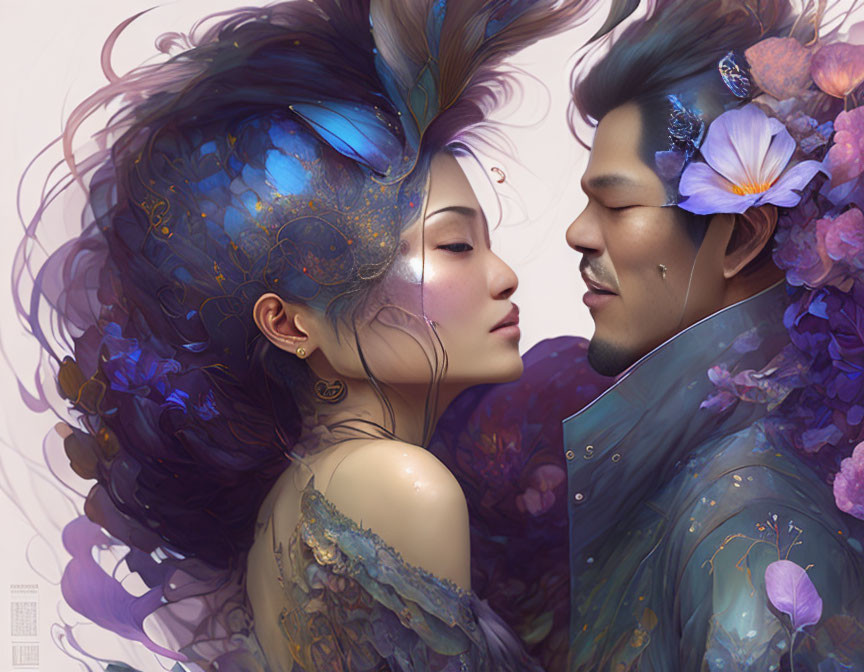 Man and woman digital art with vibrant flowers and ethereal effects