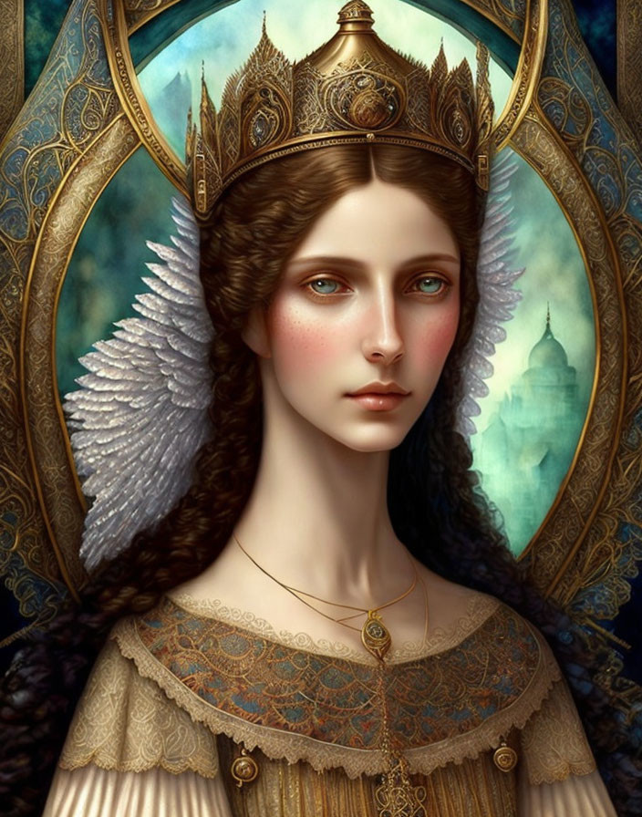 Regal figure with white wings and golden crown in serene pose.