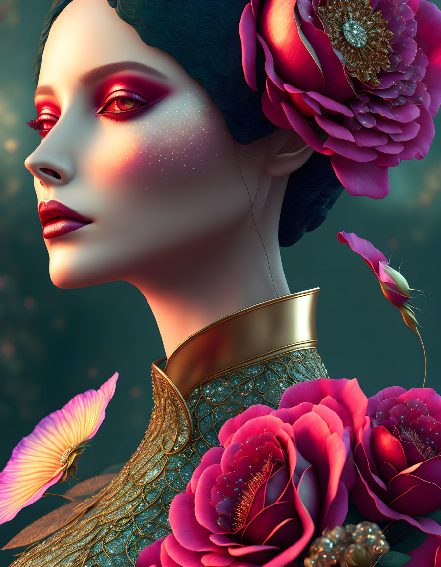 Digital artwork: Woman with stylized make-up, vibrant flowers, chic collar on dark backdrop.