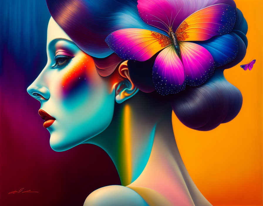 Colorful digital artwork: Woman profile with butterfly in hair