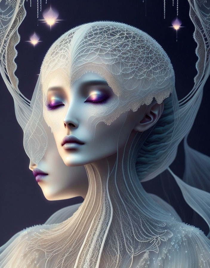 Ethereal digital portrait of woman with white hair and closed eyes