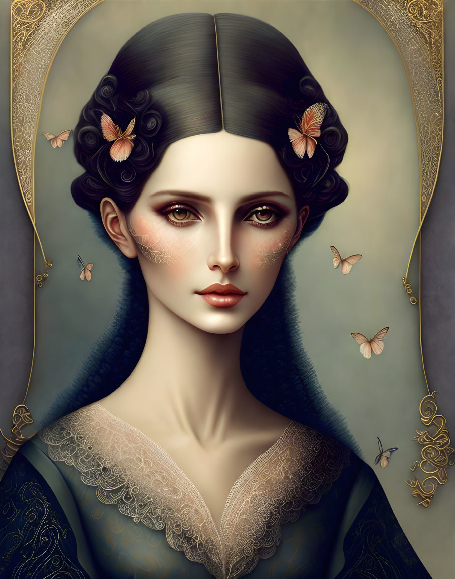 Victorian-inspired digital portrait of a woman with butterfly adornments and ornate frame