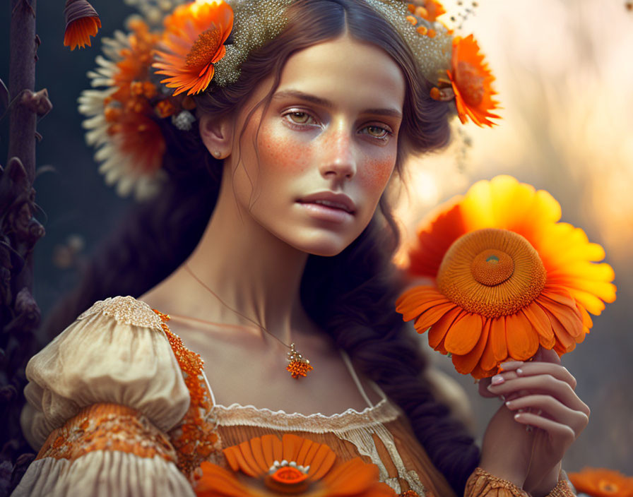 Woman with Braided Hair Holding Gerbera in Nature Setting