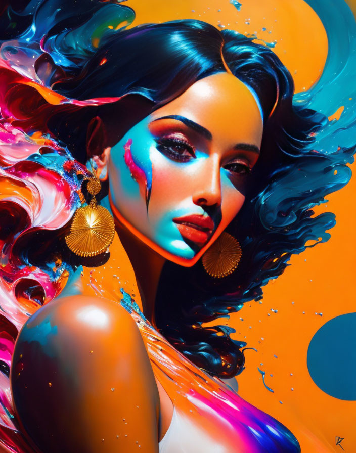 Colorful surreal portrait of a woman with flowing hair and abstract liquid elements