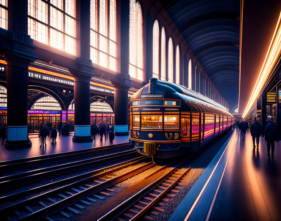 Vintage-style tram at station with arched ceilings, warm sunlight, neon lights, and passengers.