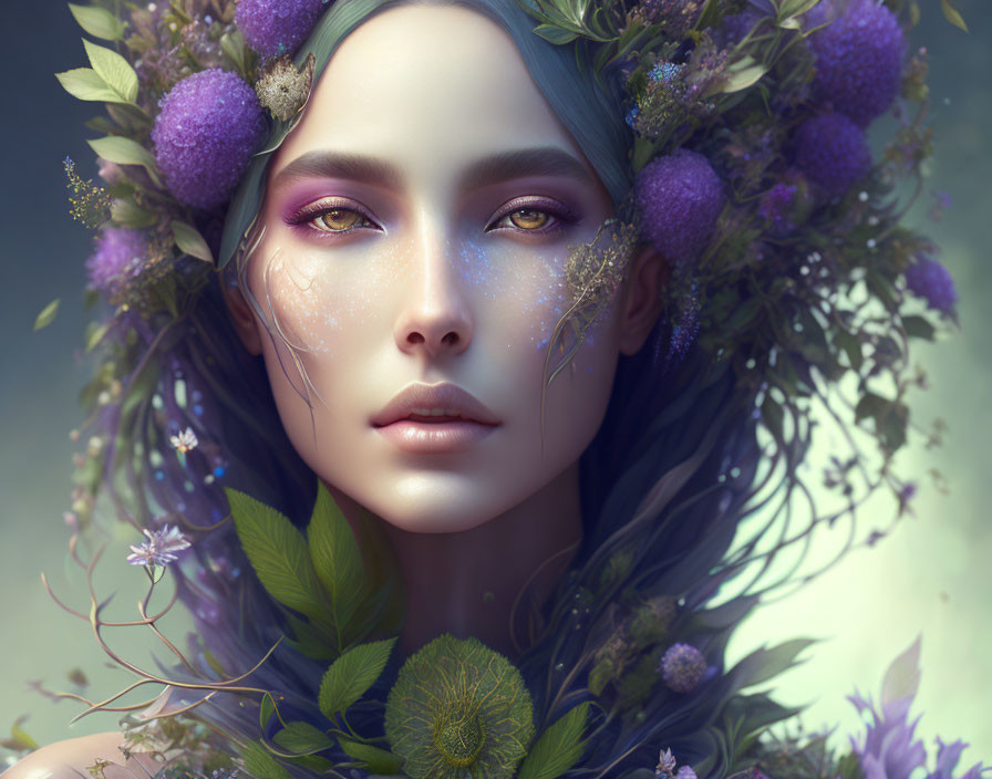 Digital portrait of woman with floral crown and glittering makeup