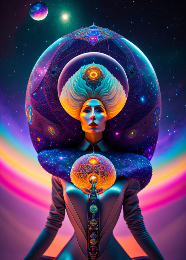 Colorful Digital Artwork: Woman with Cosmic Features and Peacock Feather Motif