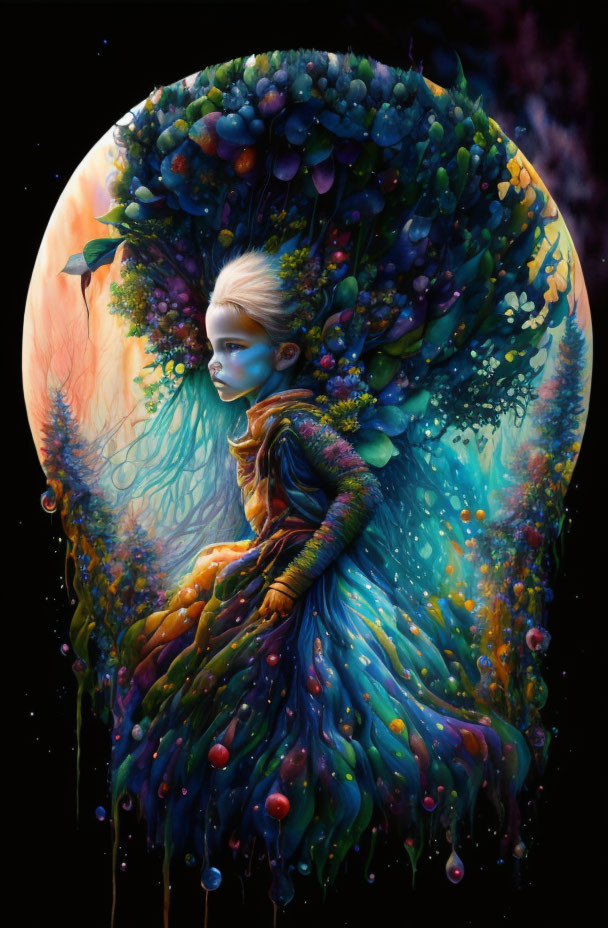 Celestial figure with tree-like appearance in vibrant colors and textures