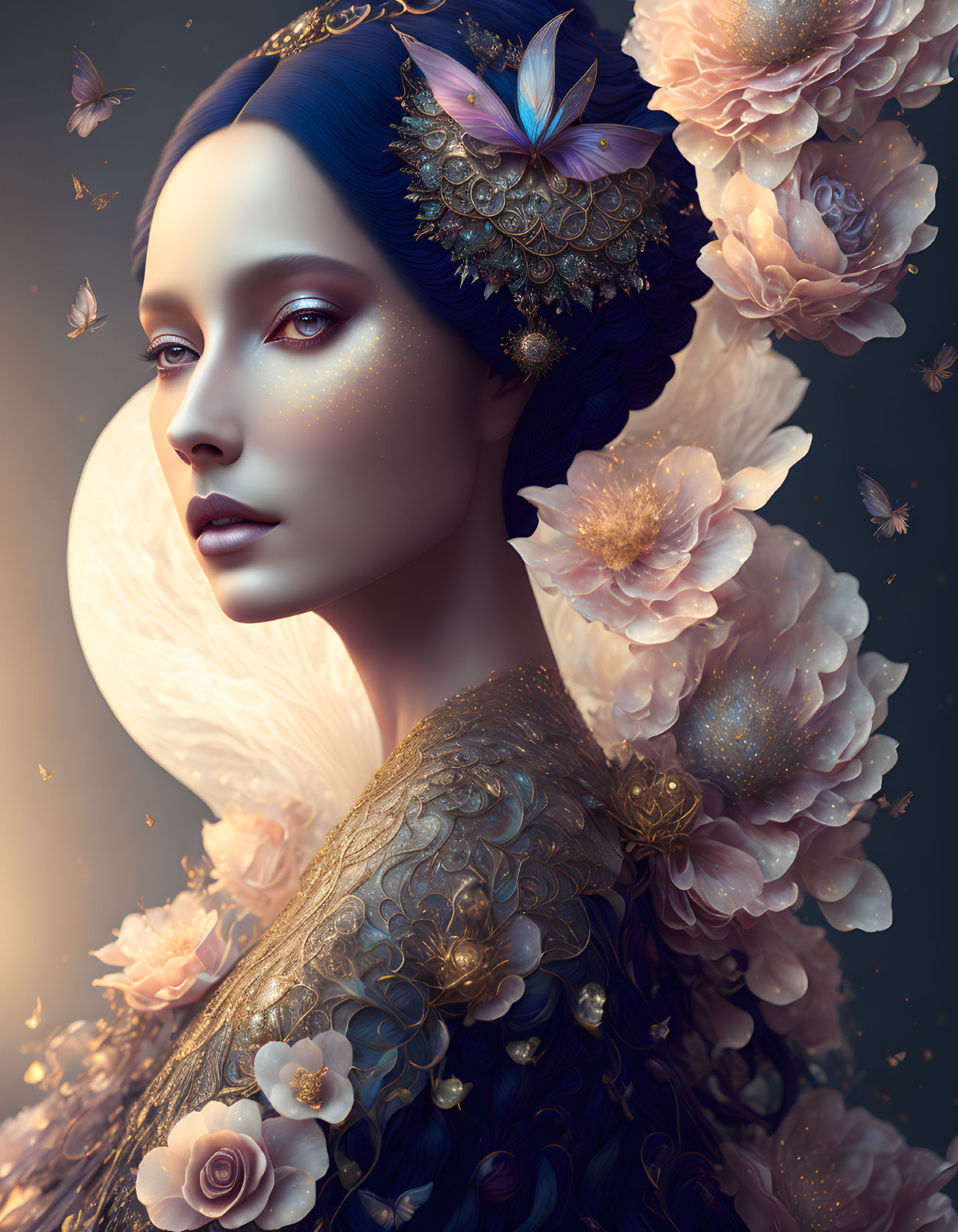 Digital Art Portrait: Woman with Blue Hair, Golden Accessories, Ethereal Flowers, Moon Backdrop