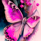 Colorful artwork of woman's face with butterfly eyes and floral elements in pink and purple tones