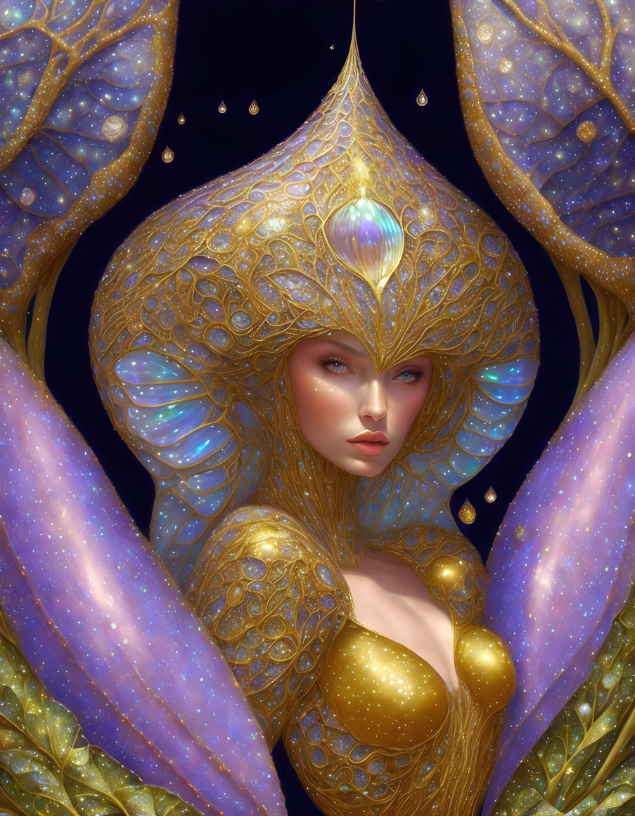 Ethereal figure in golden armor with butterfly wings on starry backdrop