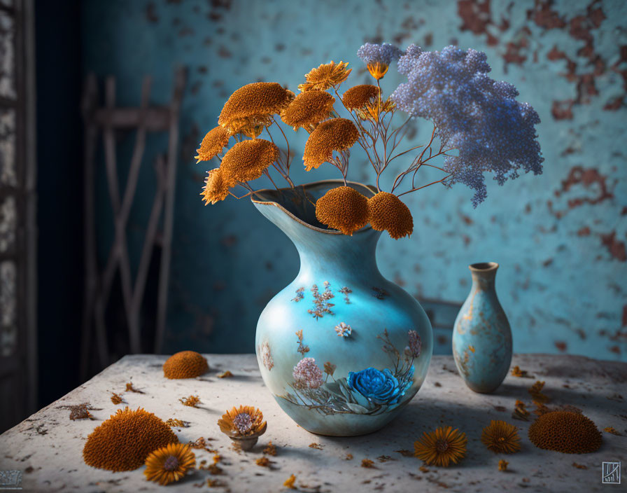 Rustic still life with blue vase, floral patterns, yellow and purple flowers, smaller vase,