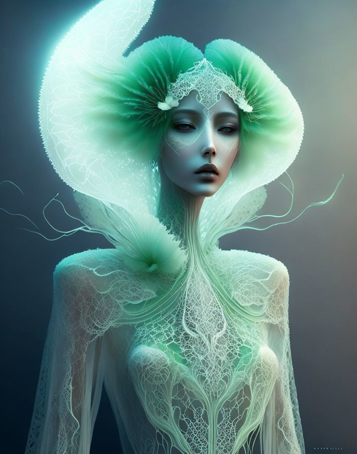 Fantasy digital artwork of a woman with leaf collar and lace textures