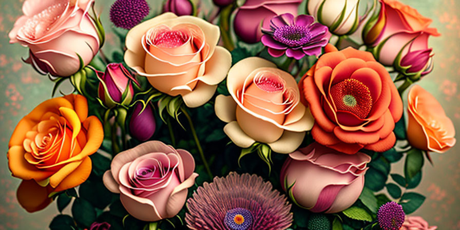 Colorful Rose and Anemone Bouquet on Sepia Background