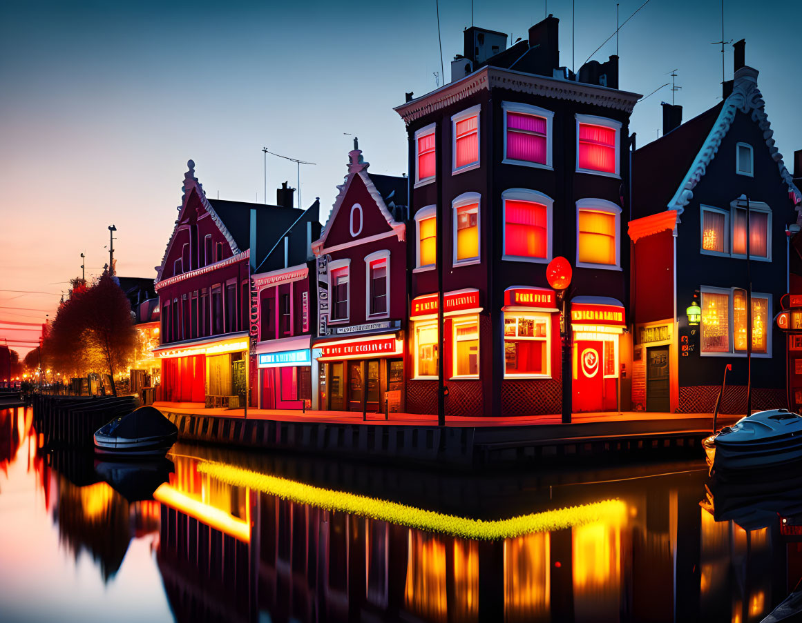 Calm canal at twilight with colorful buildings and moored boat