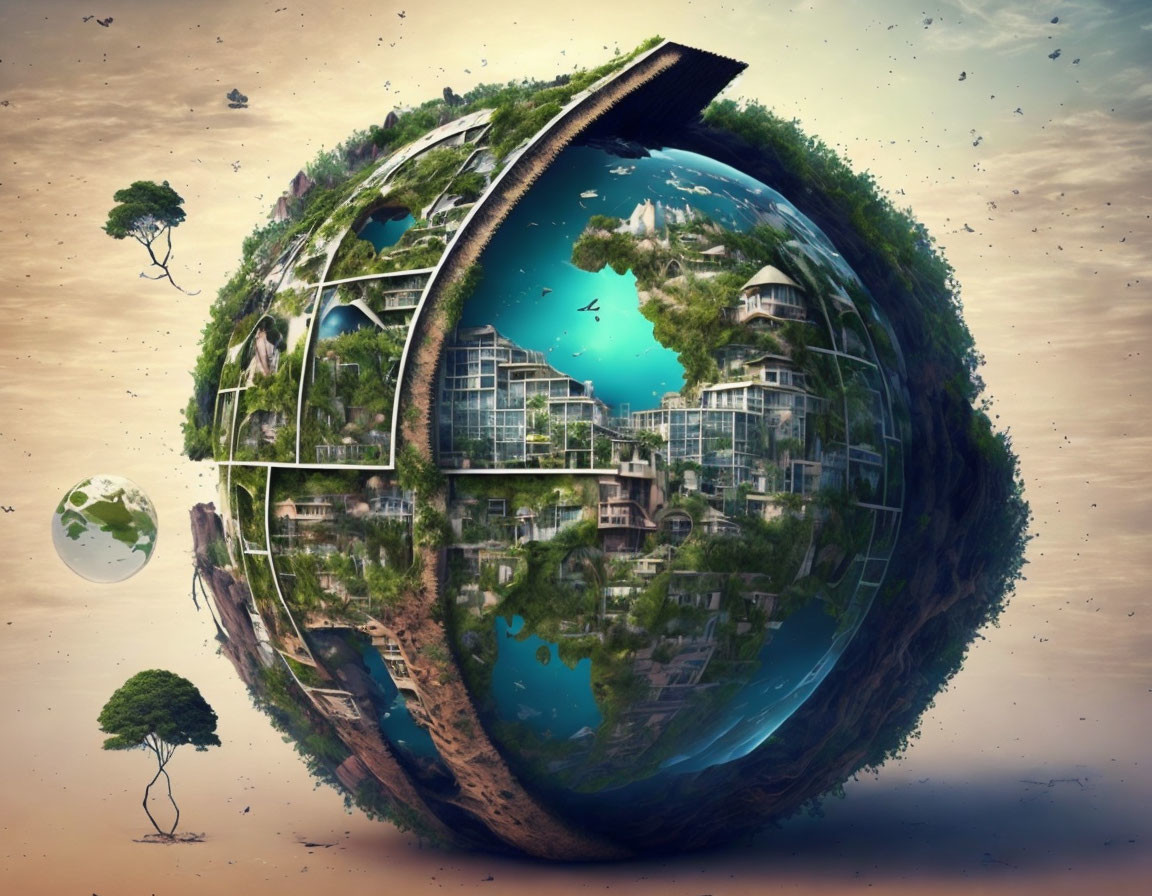 Surreal image of globe with futuristic nature-integrated buildings