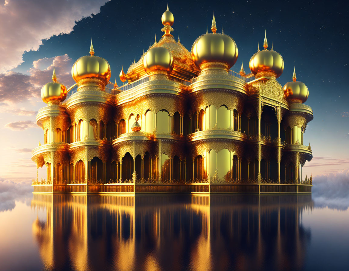 Opulent palace with golden domes reflected in tranquil water at twilight