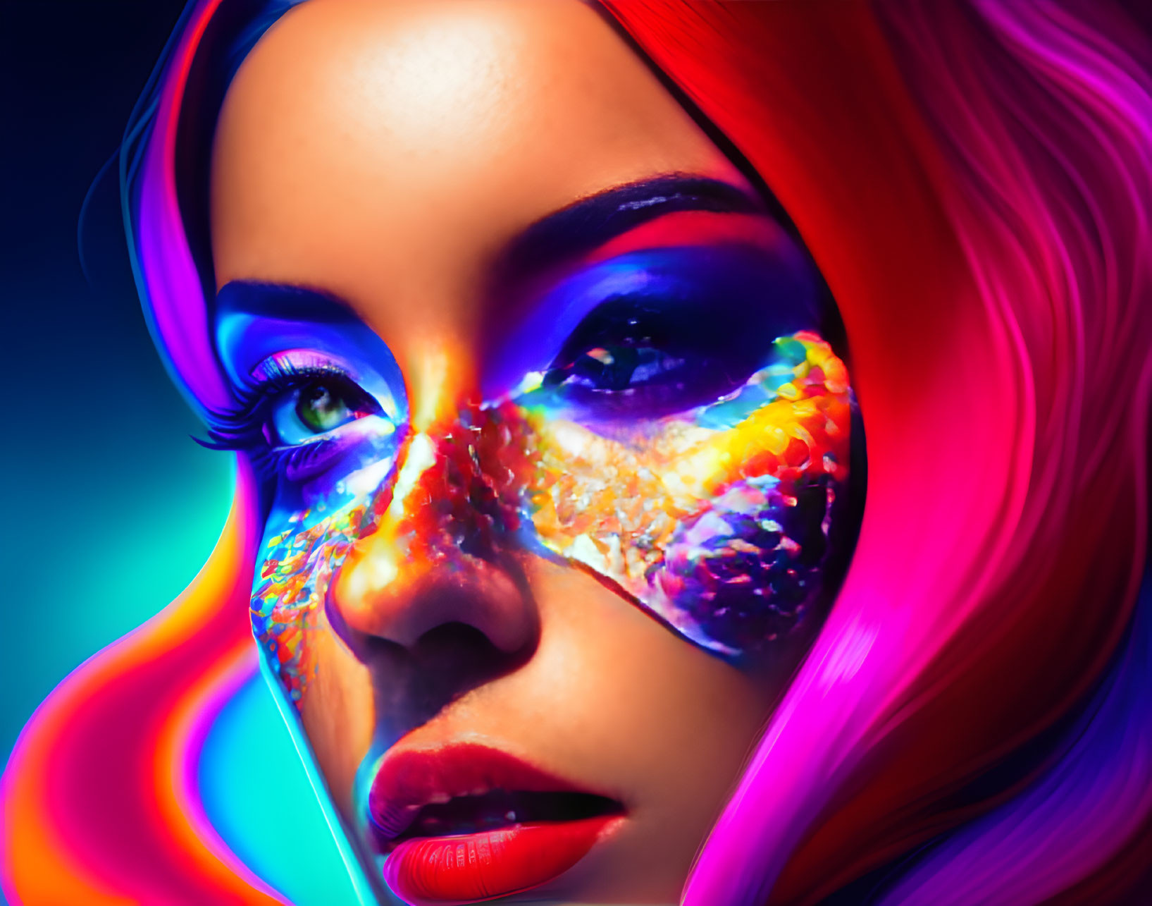 Colorful digital portrait of woman with glowing skin textures and pink hair on blue backdrop