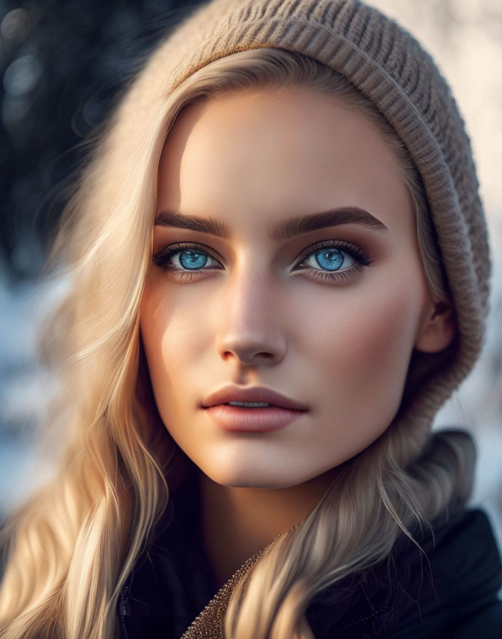 Blonde Woman Portrait with Blue Eyes in Winter Attire