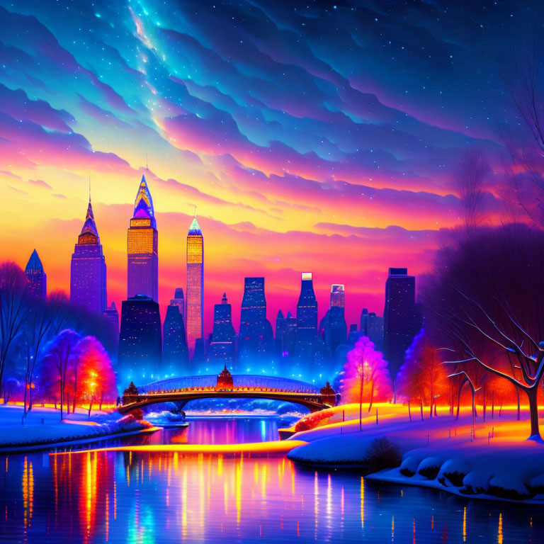 Vibrant city skyline at night with starry sky, illuminated buildings, bridge, snow-covered banks