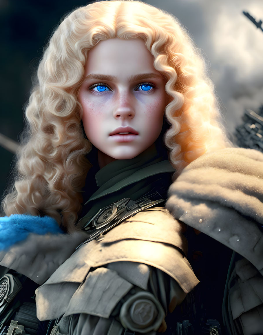 Female character with blue eyes, blonde hair, and medieval armor.