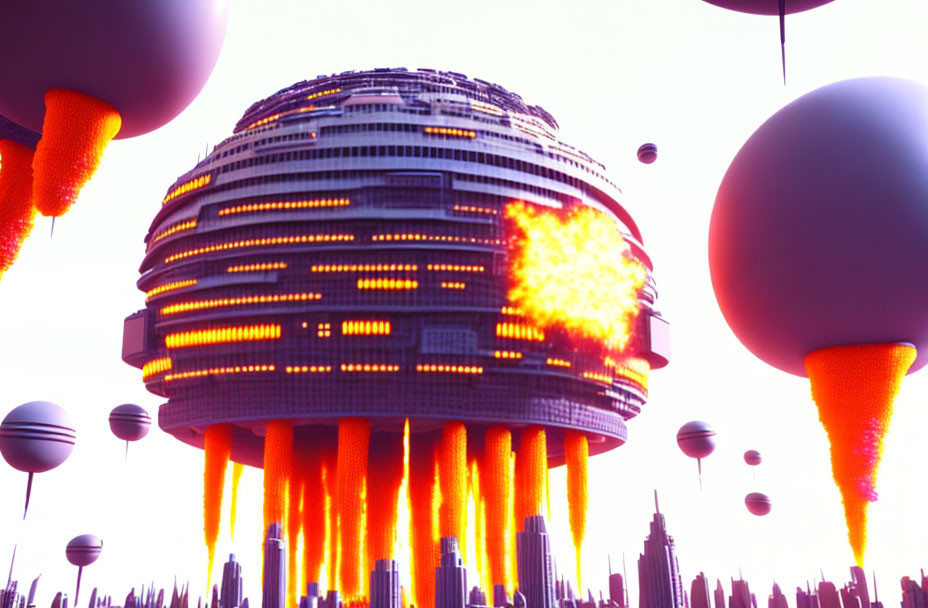 Futuristic spherical building emitting lava-like substance in cityscape with floating orbs