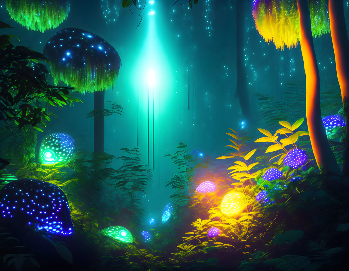 Enchanting forest with bioluminescent mushrooms and glowing plants