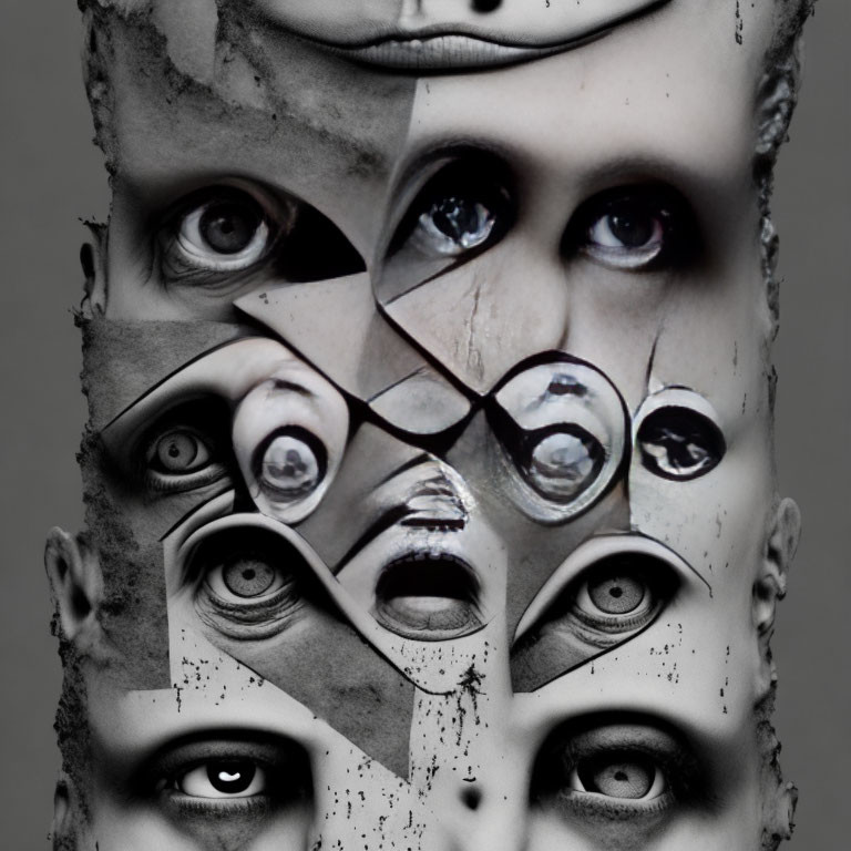 Monochromatic surreal collage of eyes and mouths.