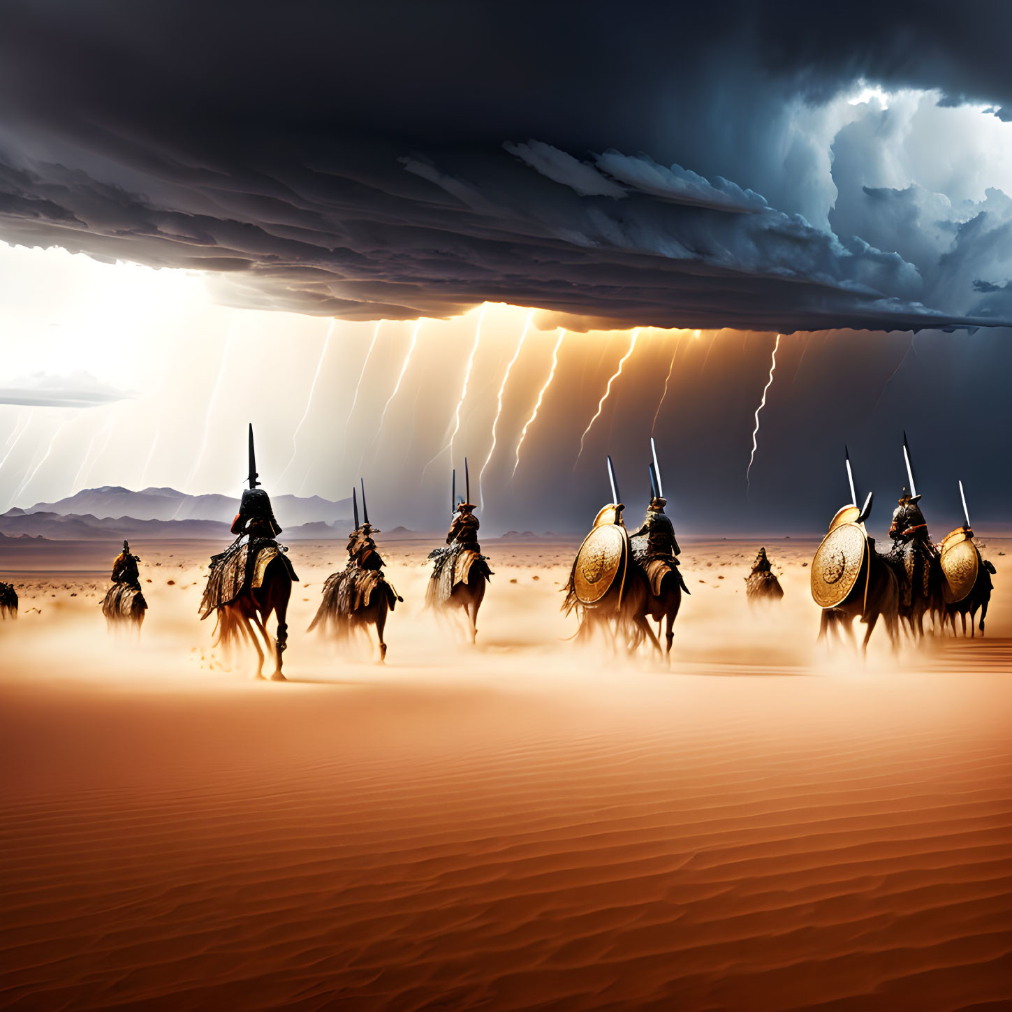 Armored warriors on horseback in desert under dramatic sky with lightning strikes