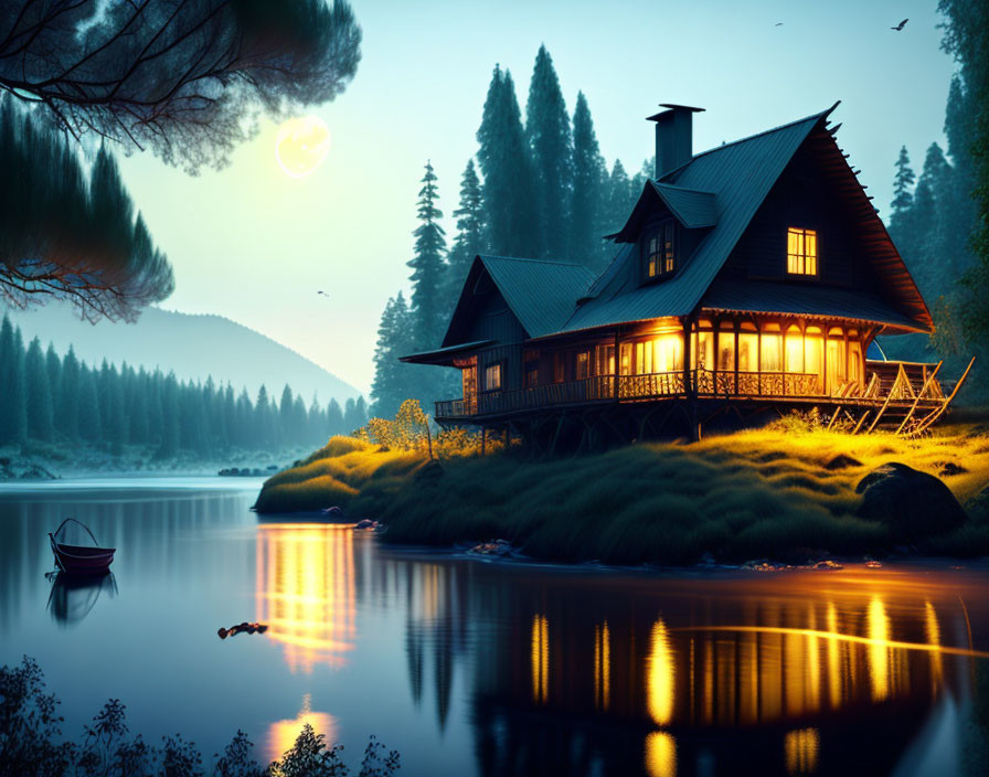 Tranquil lakeside dusk: Two-story cabin, rowboat, pine trees, crescent moon