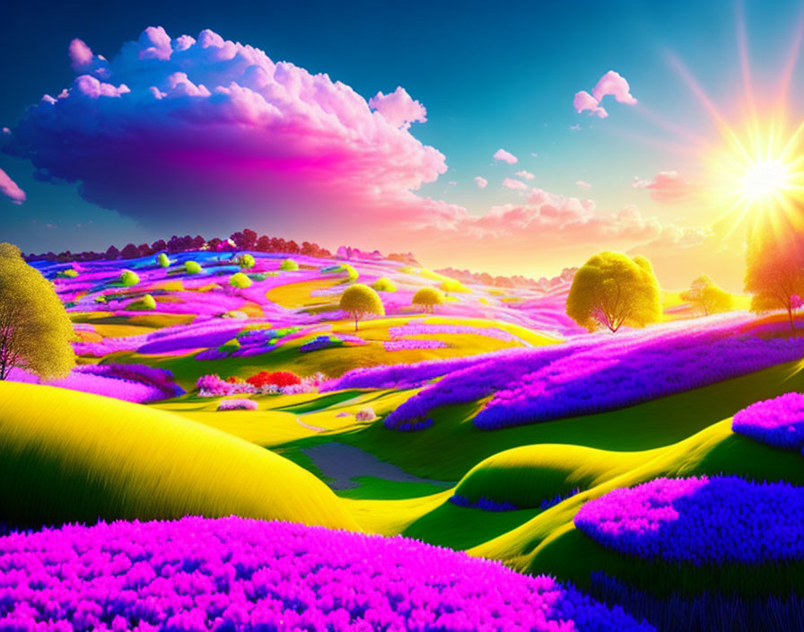 Colorful surreal landscape: sunset, rolling hills, purple and pink flowers, green trees, radiant sun