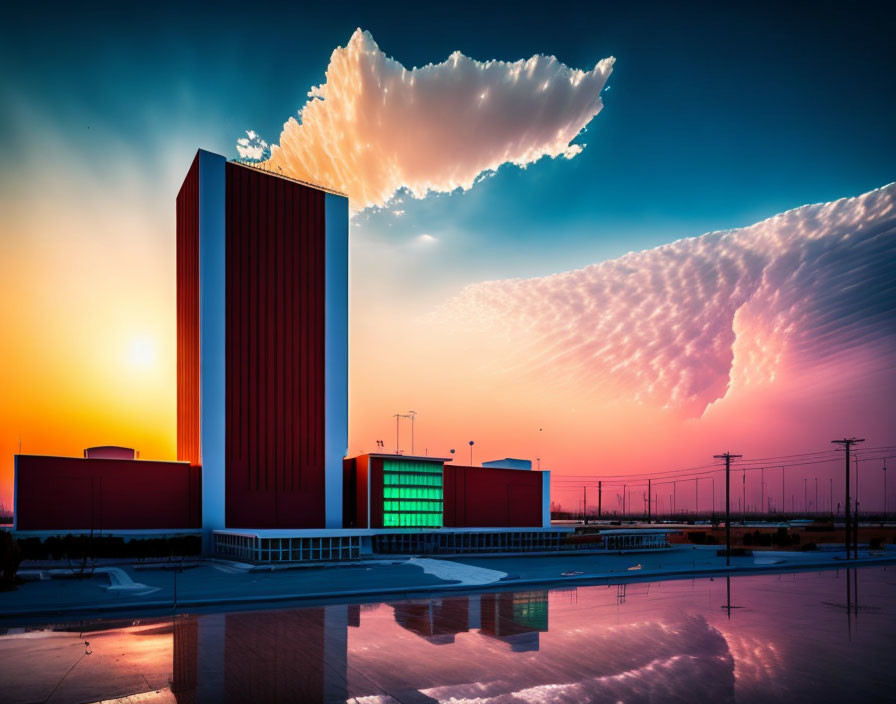 Vibrant industrial building at sunset with dramatic cloud formation and water reflection