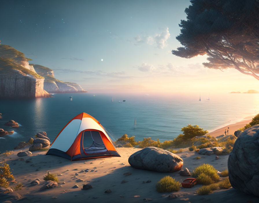 Tranquil Beach Scene at Dusk with Tent, Boats, Cliffs, and Starry