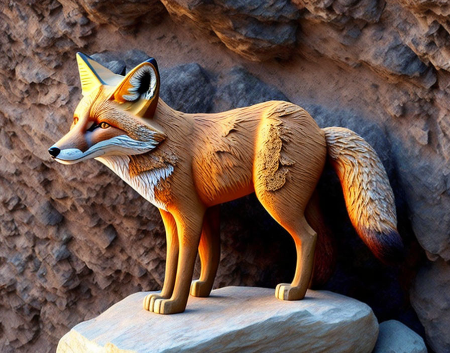 Realistic Fox Sculpture on Rock with Vivid Paint and Shadows